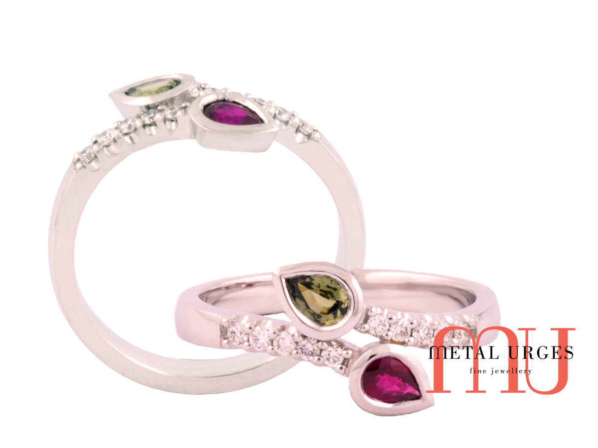 Pear shaped ruby and green sapphire with diamonds engagement ring