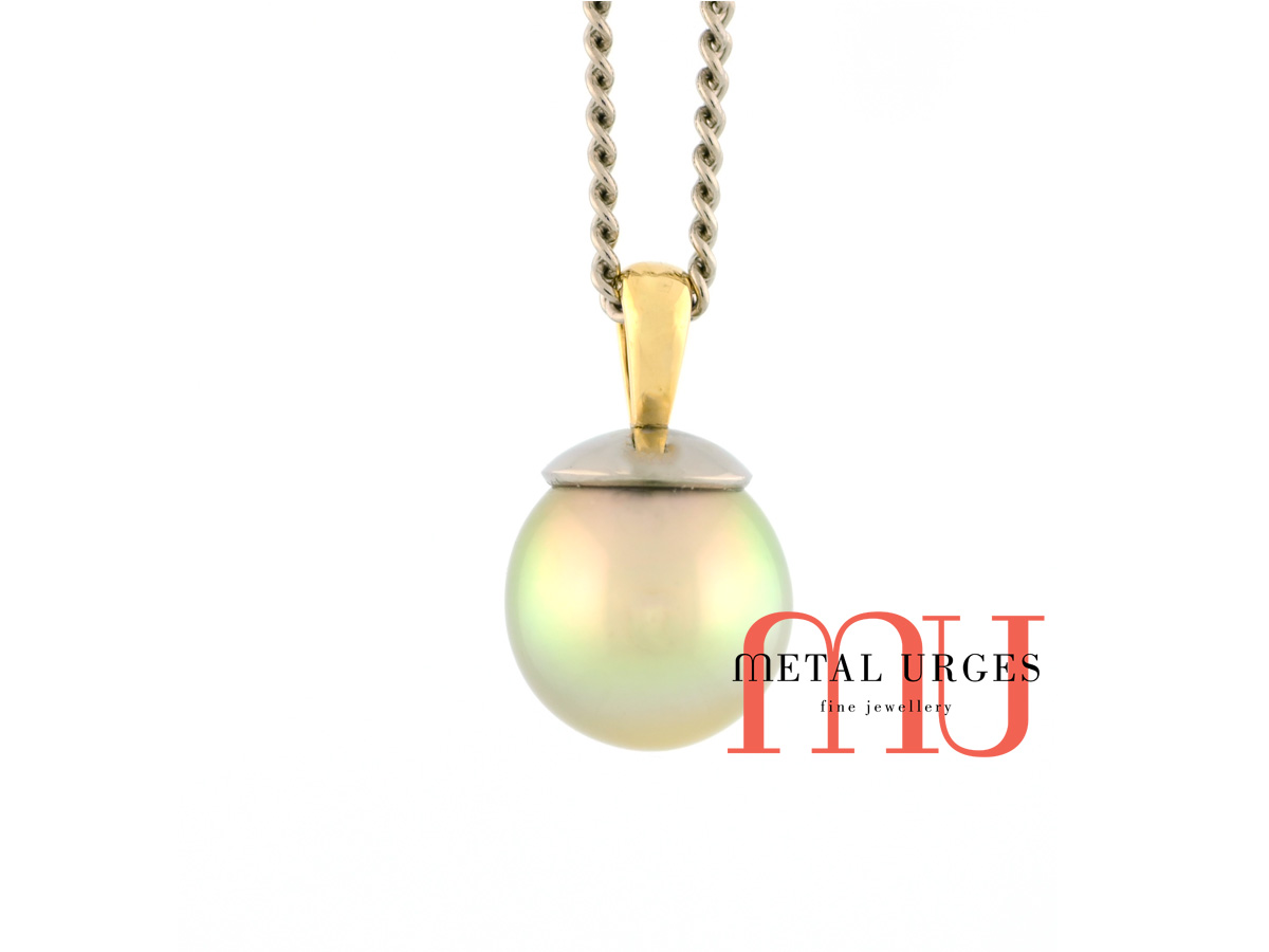Jewellers Hobart, Golden green pearl pendant. Custom made in Australia.