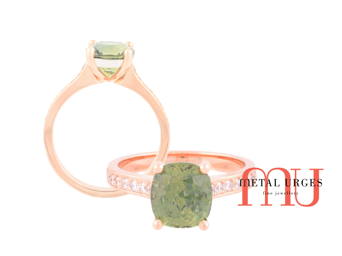 Green sapphire, white diamonds and 18ct rose gold engagement ring. Custom made in Australia.