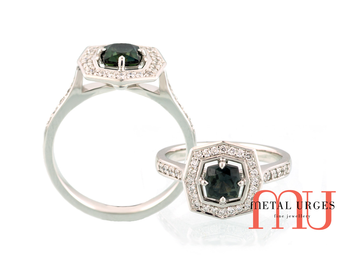 Australian green natural sapphire. Halo setting white diamond engagement ring