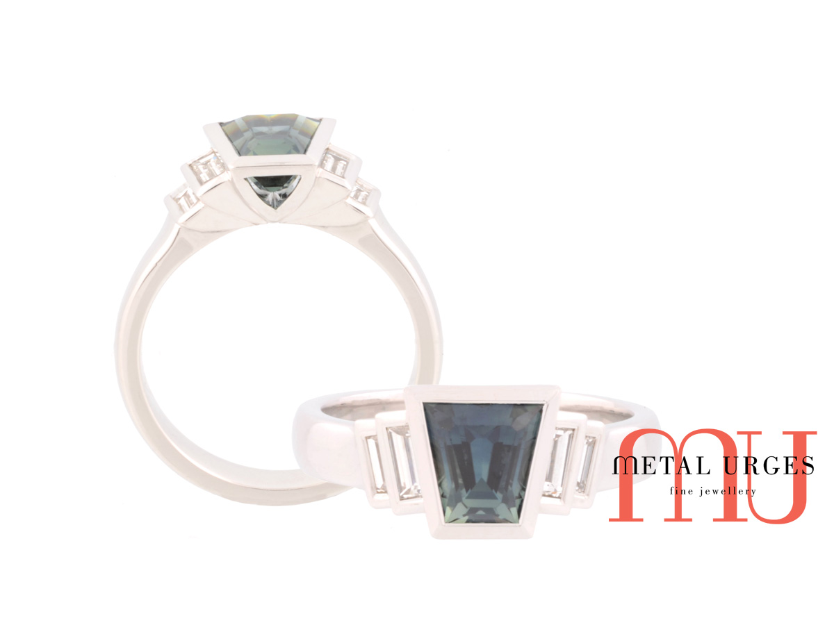 Art deco sapphire and diamond engagement ring. Custom made in Australia.