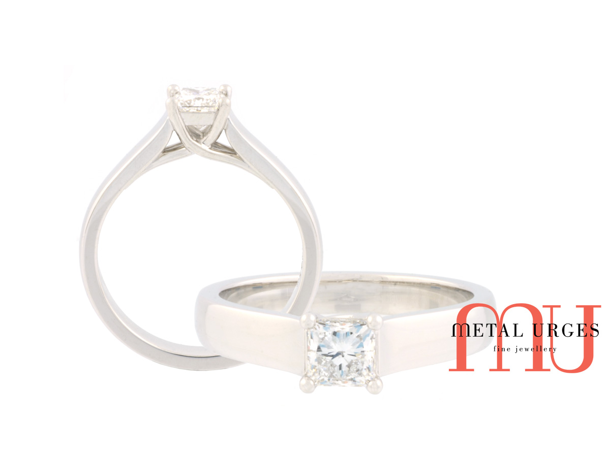 Tiffany inspired ‘Lucinda’ princess cut white diamond engagement ring in 18ct white gold. Handmade in Hobart.