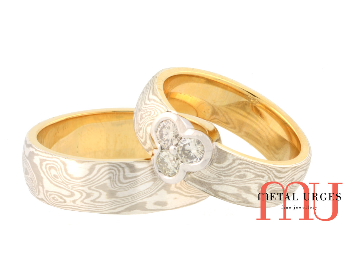 Mokume gane and white diamond his and hers matching engagement and wedding bands. Custom made in Australia.