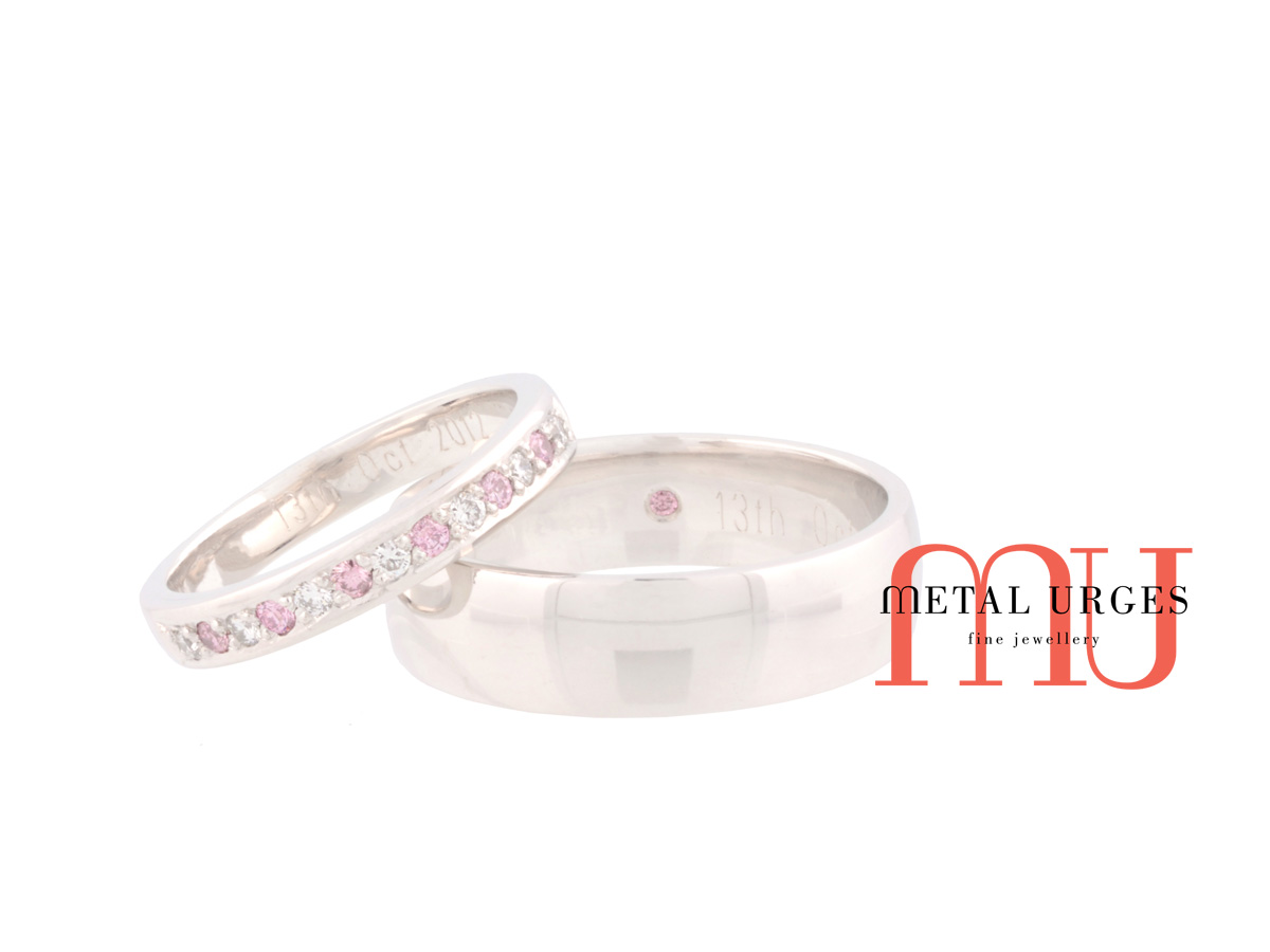Rare Australian Argyle pink and white diamond his and hers platinum wedding rings. Custom made in Australia.