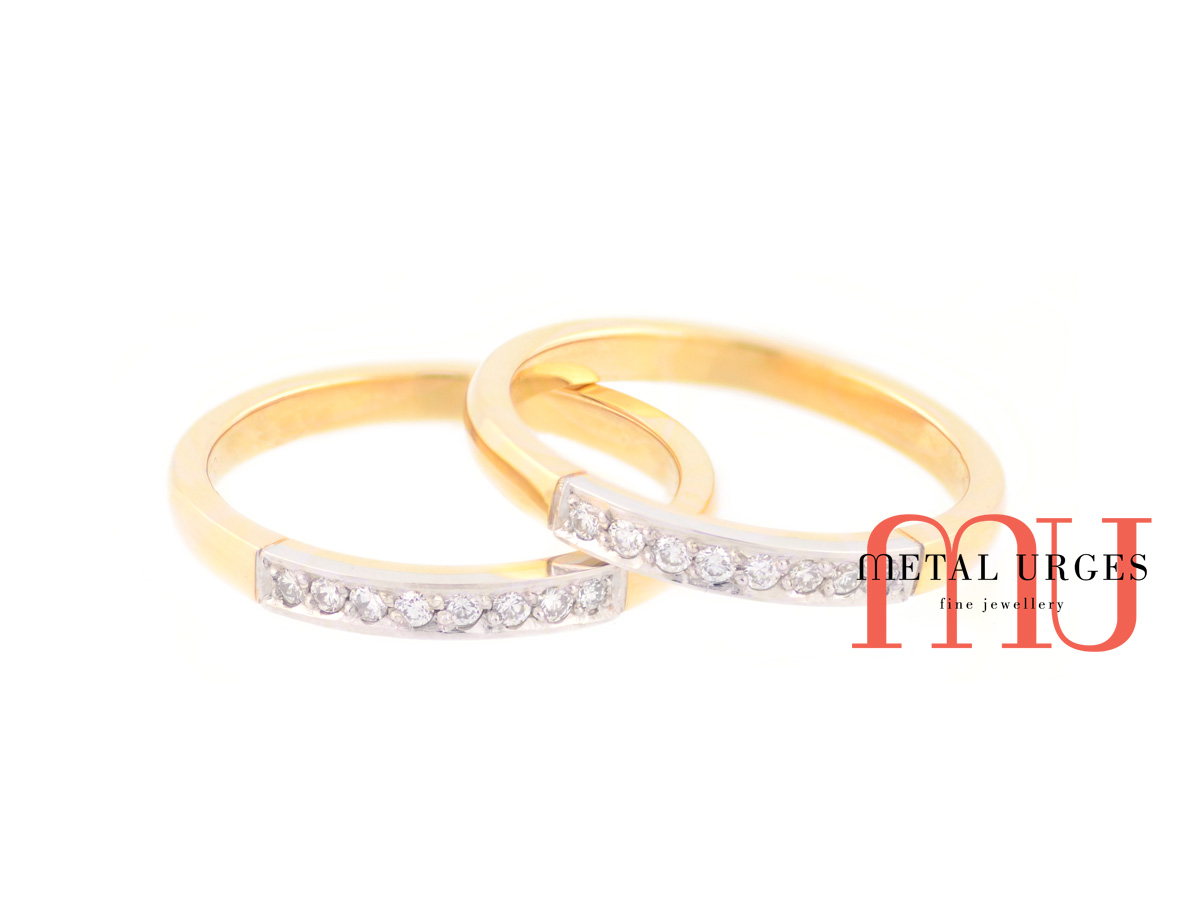 Yellow and white gold twin wedding rings with white diamonds. Custom made in Australia.