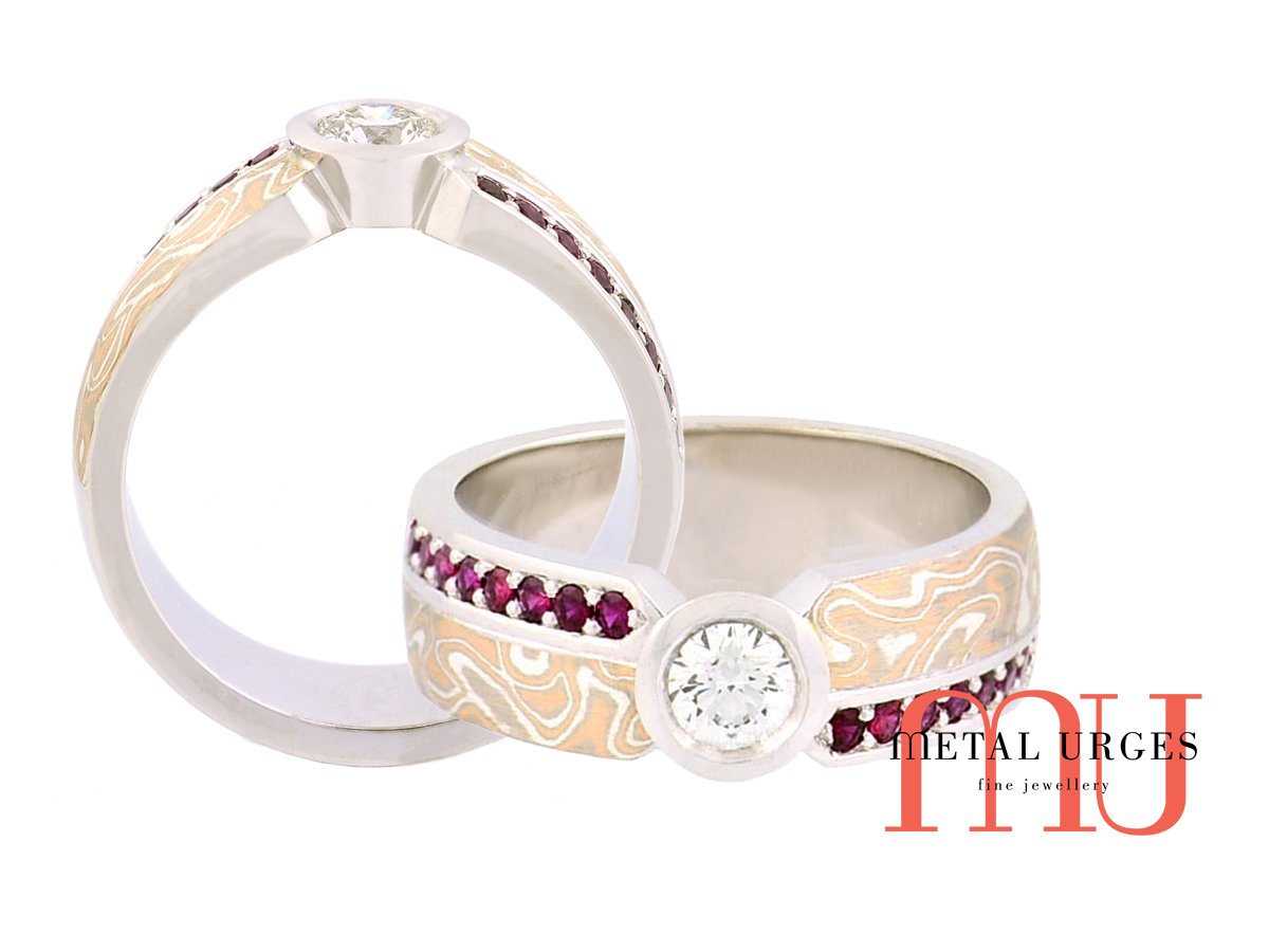 Ruby, mokume gane and round white diamond ring. Custom made in Australia.