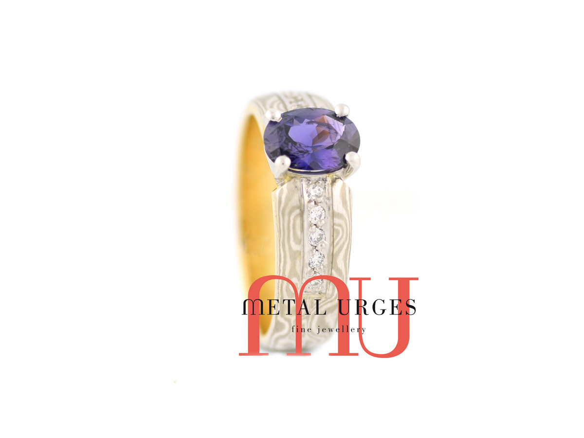 Natural purple and blue sapphire, 18ct gold Mokume Gane engagement ring. Custom made in Australia.