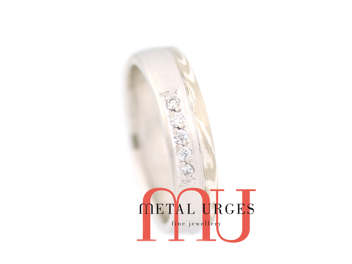 18ct white gold and silver Mokume Gane and white diamond ring. Custom made in Australia.