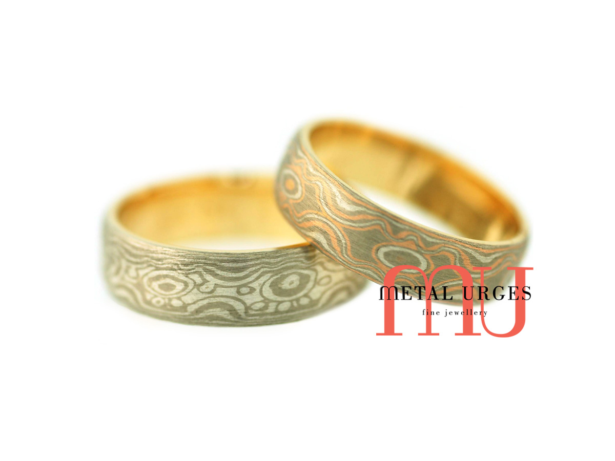 Mokume gane wedding rings. Custom made in Australia.