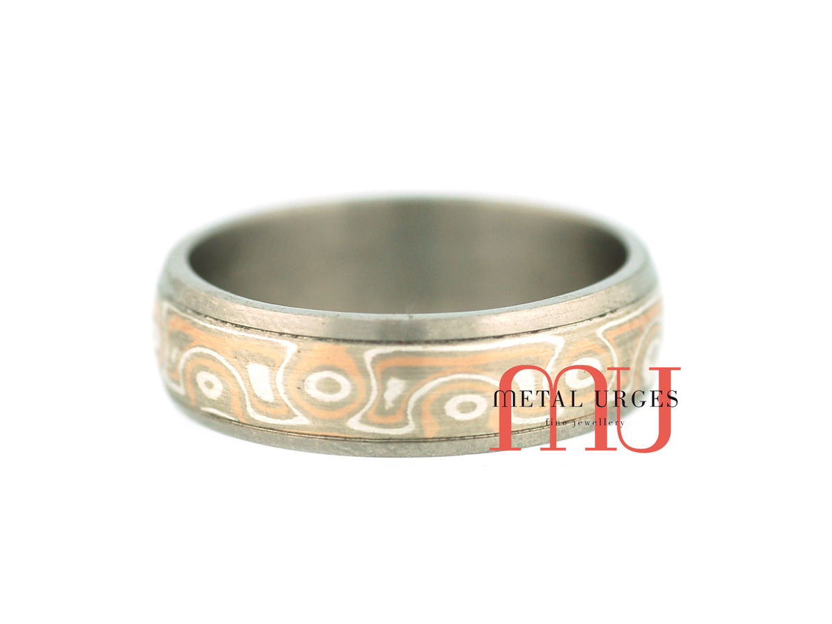 Mokume gane and titanium wedding ring. Custom made in Australia.
