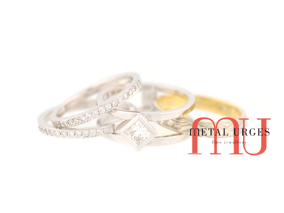 Unique mokume gane, 18ct white gold, princess cut GIA certified white diamond, engagement and wedding ring stack. Custom made in Australia.