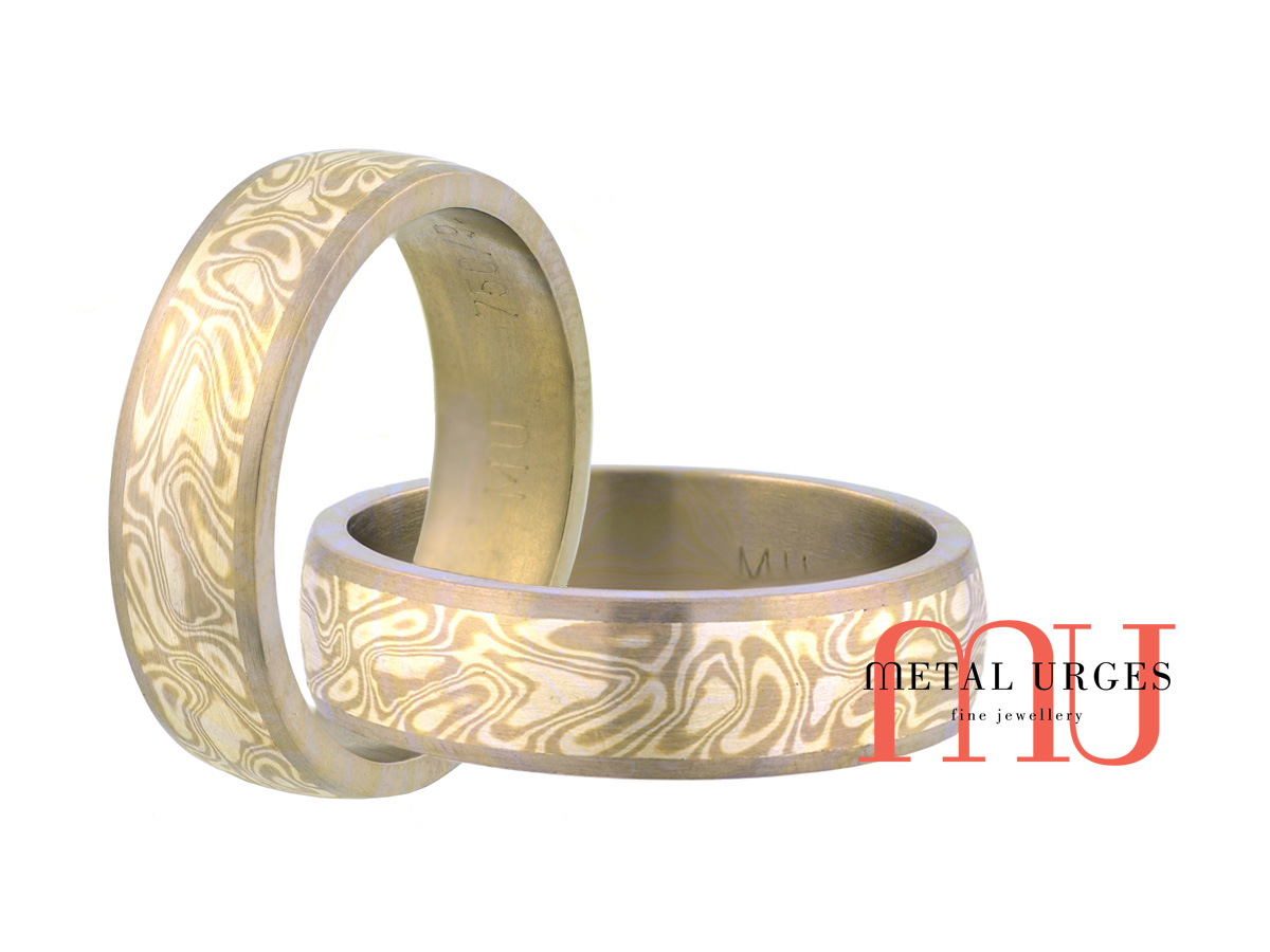 Titanium, 18ct white gold and silver Mokume Gane mens wedding ring. Custom made in Australia.