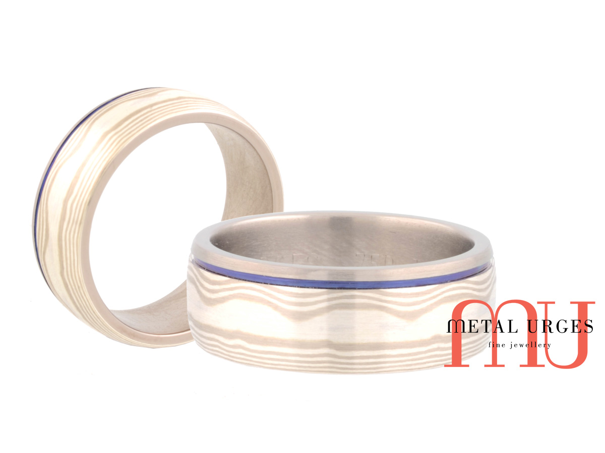Titanium, 18ct white gold and silver Mokume Gane wedding ring. Custom made in Australia.