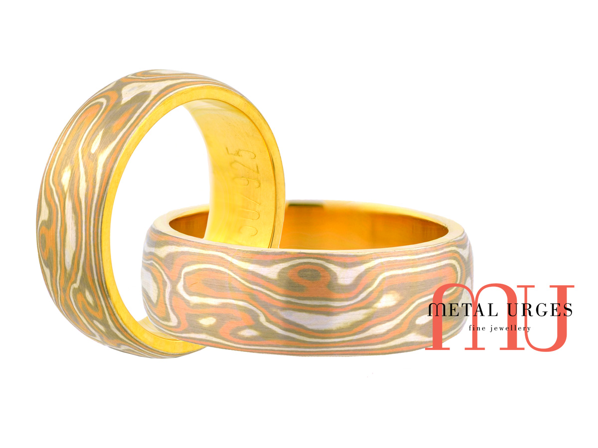 Mokume Gane wedding band in 18ct rose, white, yellow gold and silver. Custom made in Australia.