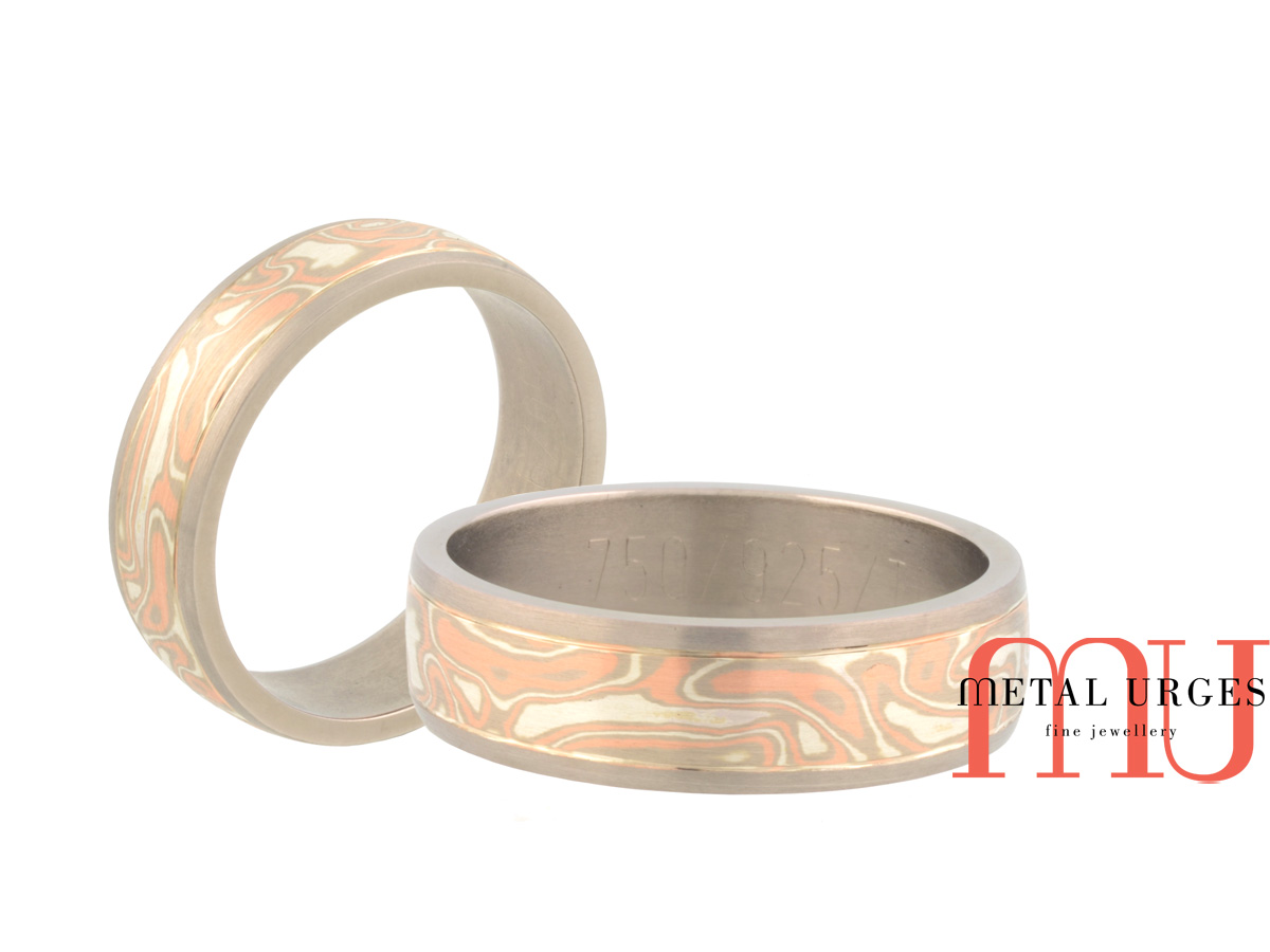 Mokume gane mens wedding ring featuring 18ct rose, white gold, silver and titanium. Custom made in Australia.