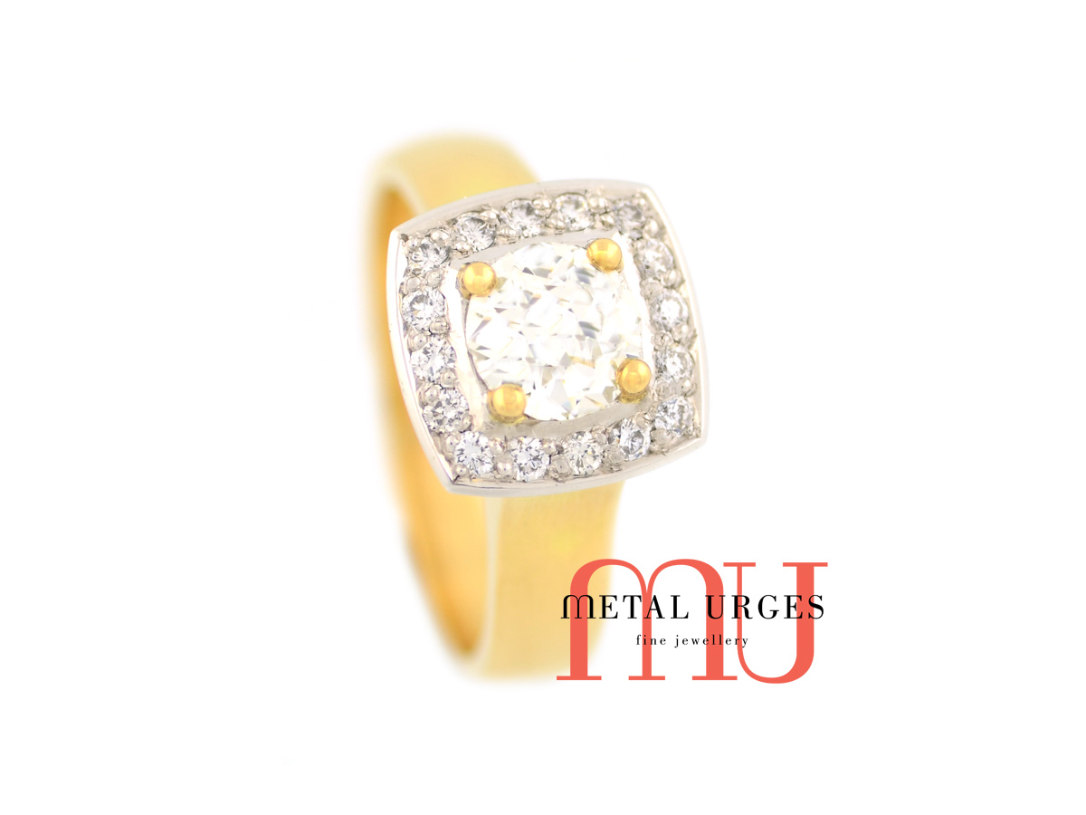 Vintage round brilliant cut white diamond ring, in 18ct yellow and white gold. Custom made in Australia.