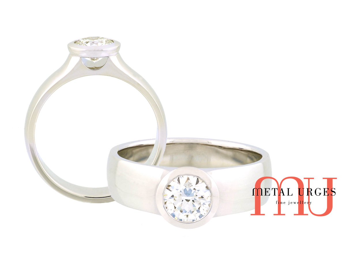 1ct round brilliant cut white diamond ring in 18ct white gold. Custom made in Australia.