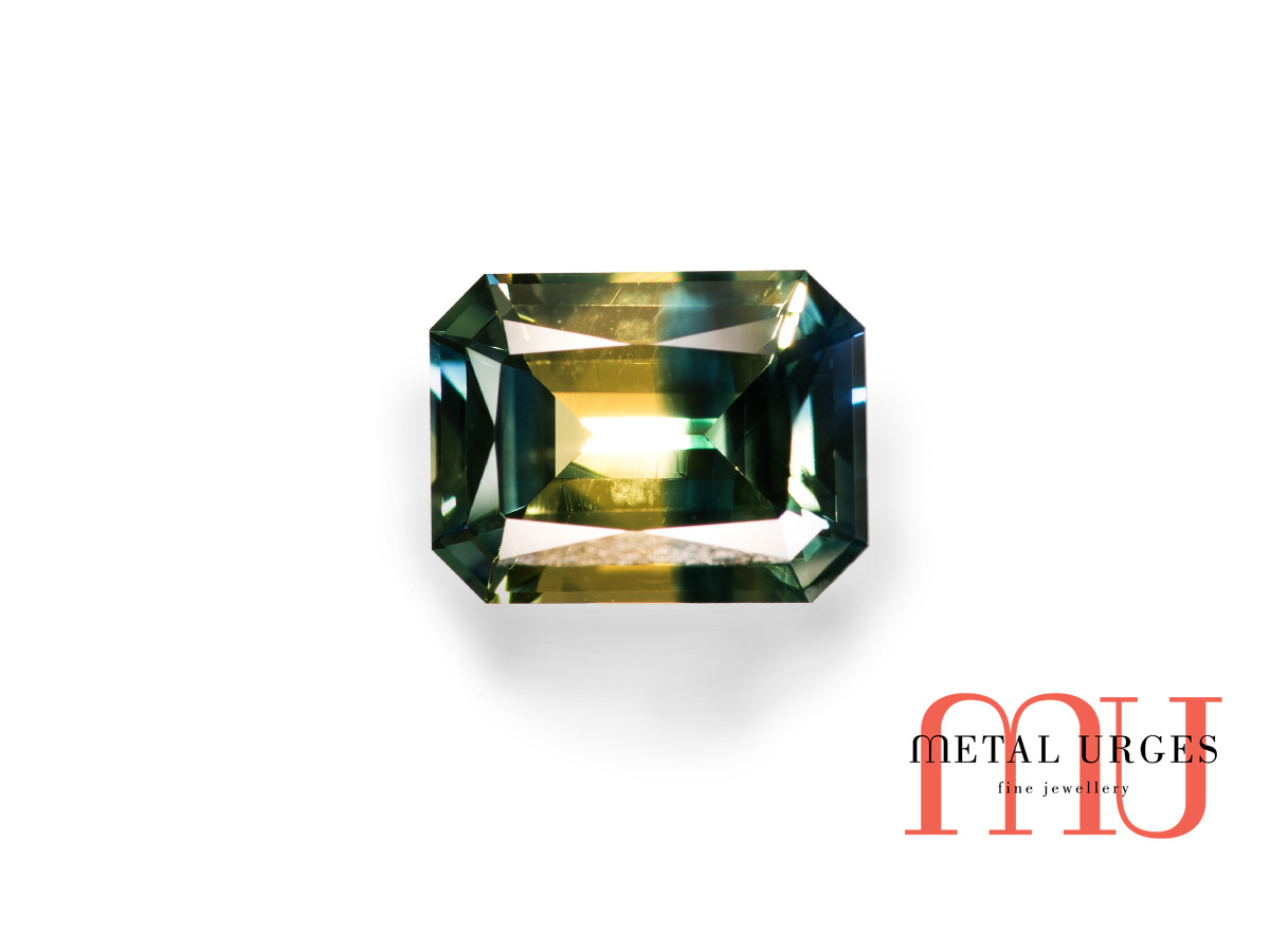 Blue and green emerald cut parti sapphire