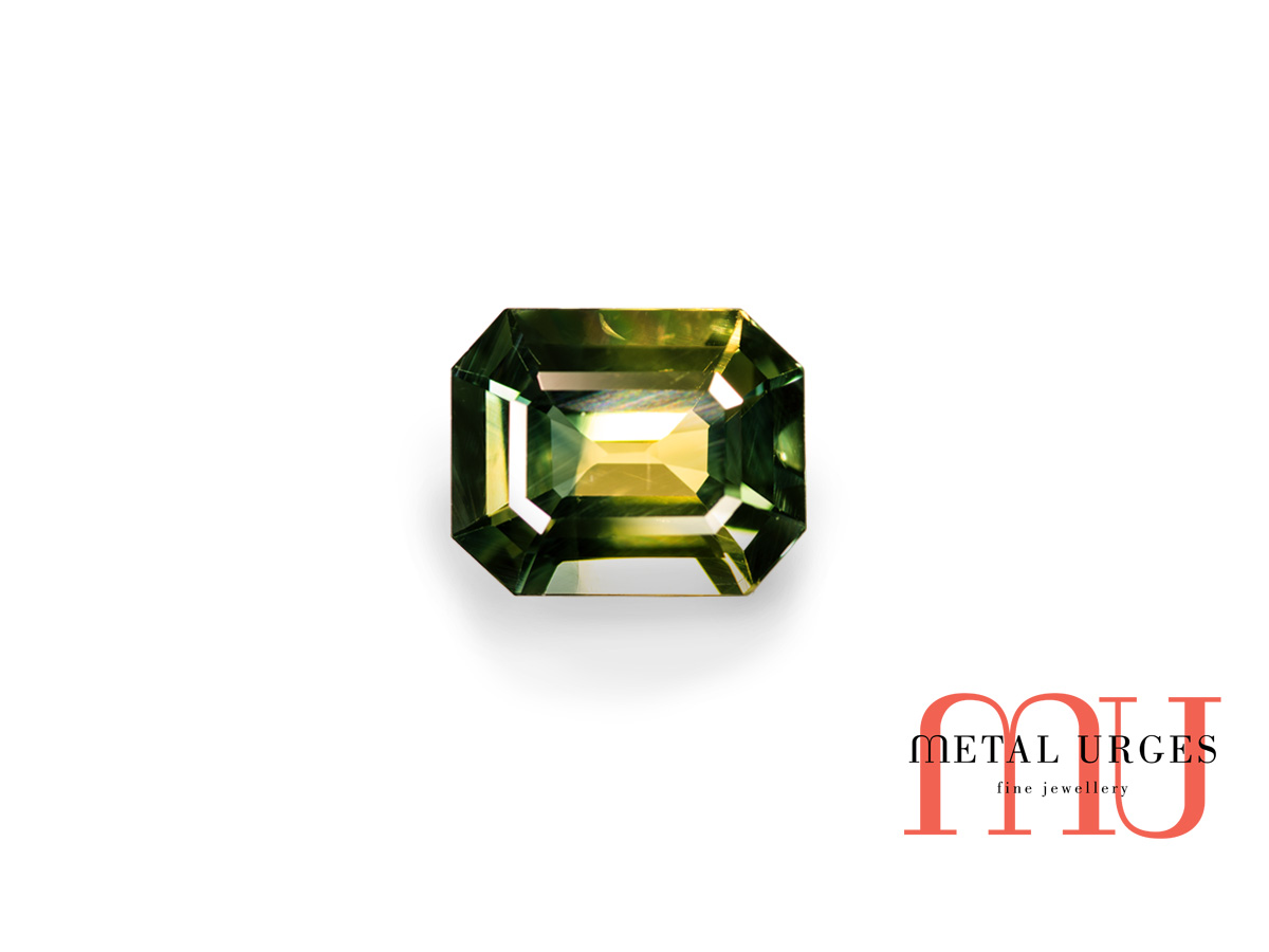 Yellow and green parti sapphire radiant cut