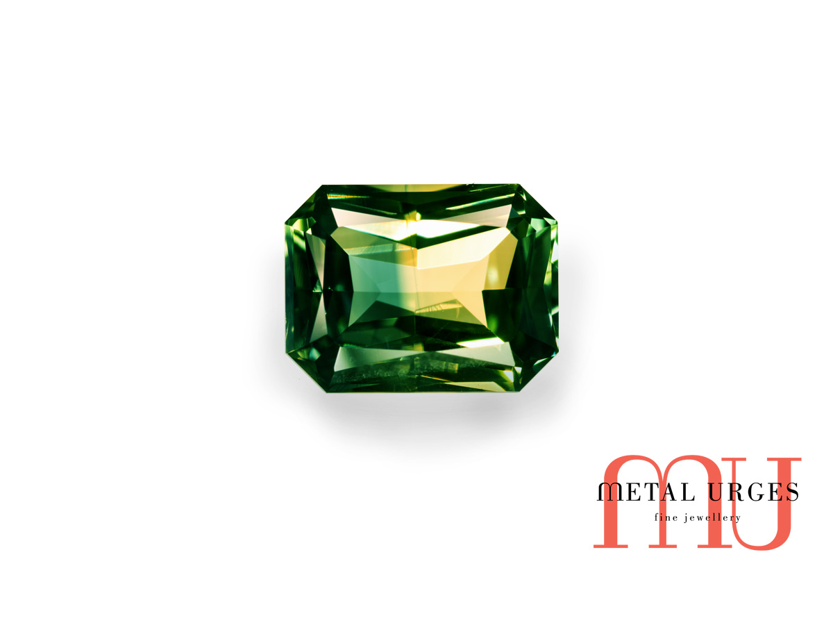 Radiant cut yellow and green parti sapphire