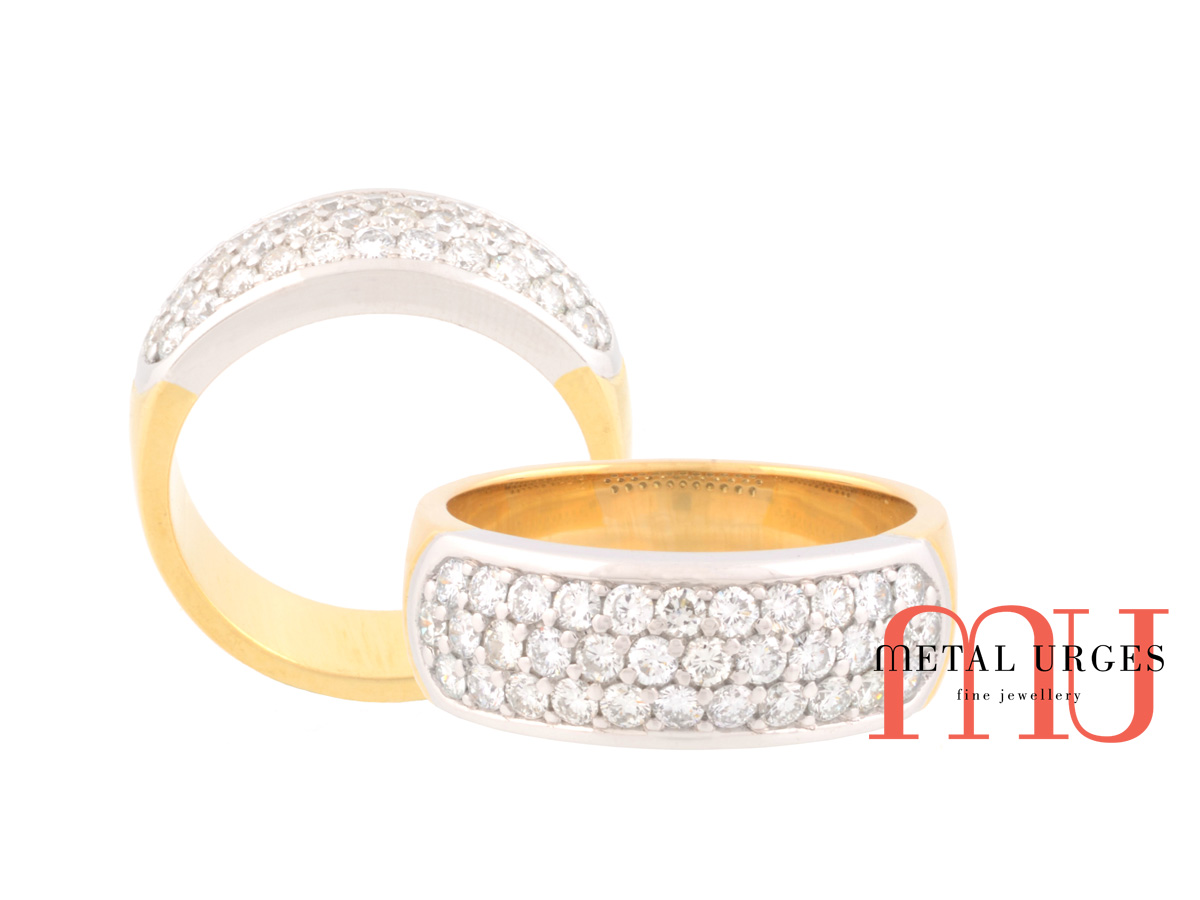Round brilliant cut white diamond pave set ring in 18ct white and yellow gold. Custom made in Australia.