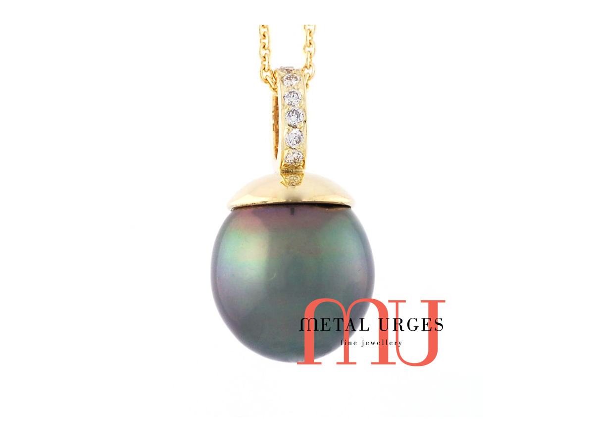 Tahitian black green drop pearl and white diamond pendant in 18ct yellow gold. Custom made in Tasmania Australia.