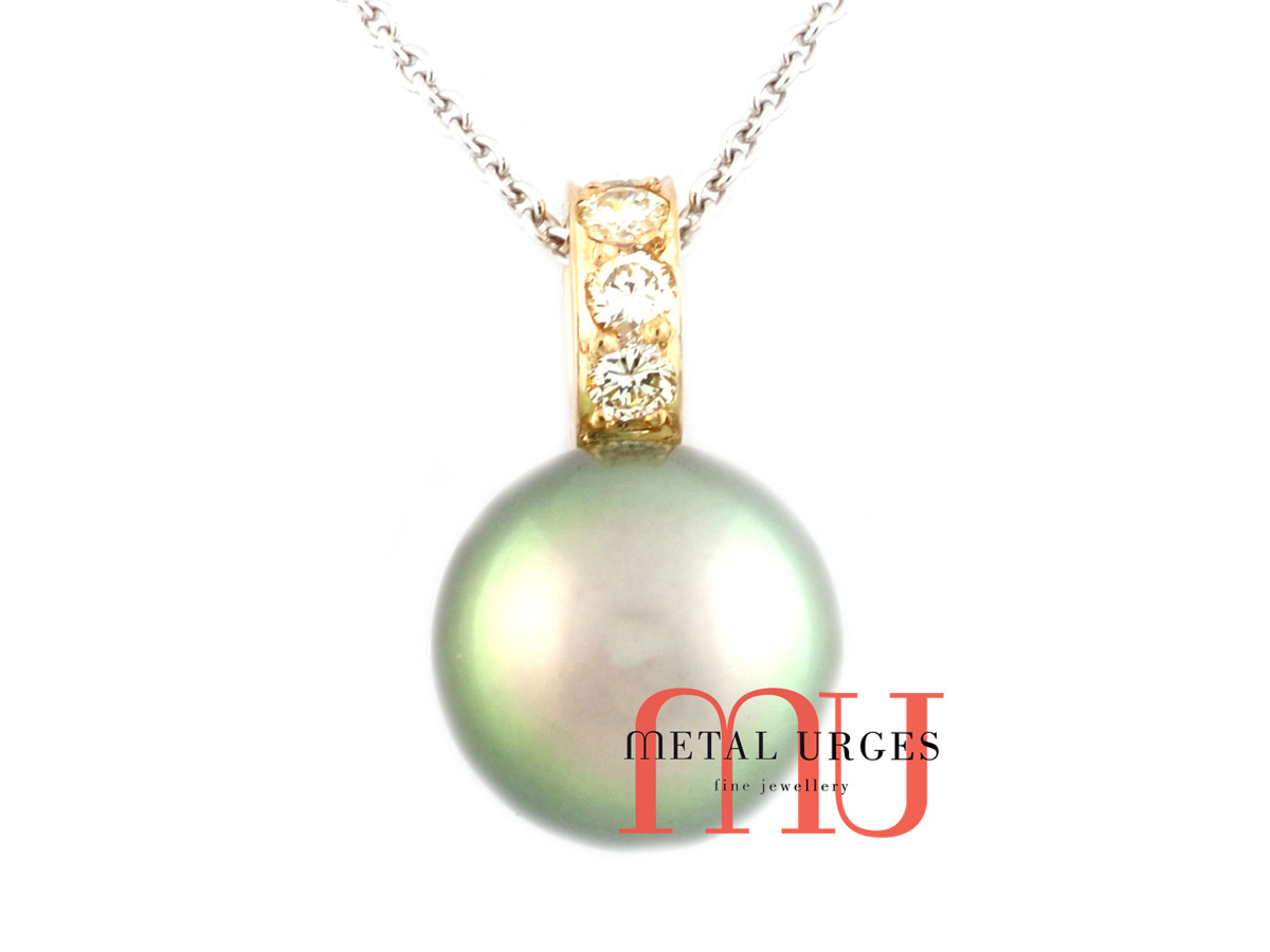 Jewellers Hobart, Green pearl and white diamond pendant in 18ct white and yellow gold. Custom made in Tasmania, Australia.