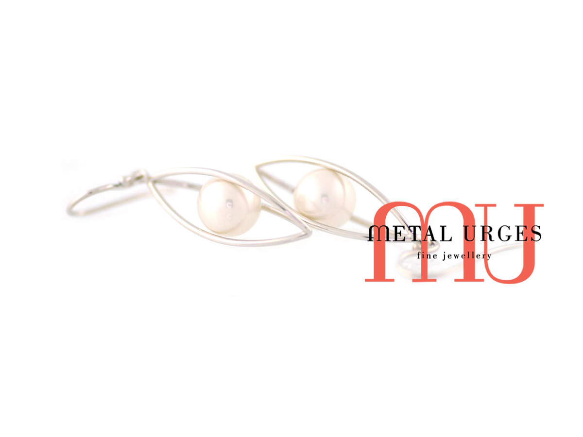 Australian white pearl and white gold drop earrings. Custom made in Tasmania, Australia.