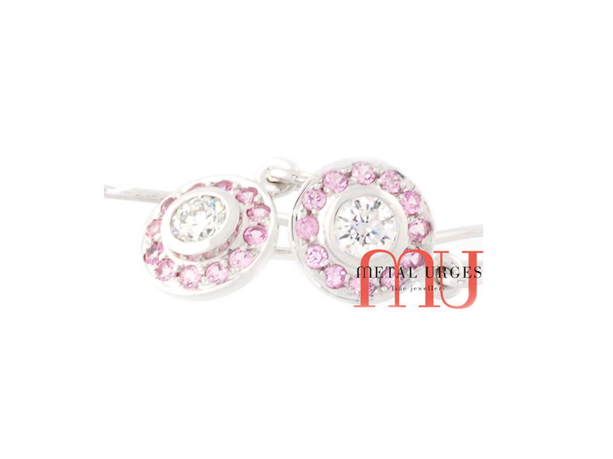 Pink diamond drop earrings in 18ct white gold. Custom made in Australia.