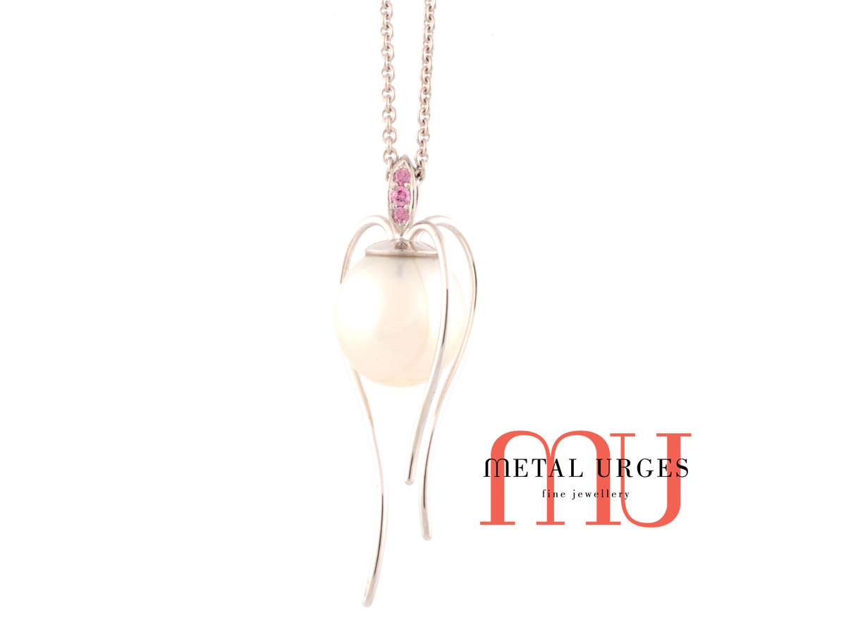 Pink diamond and white pearl 18ct white gold pendant. Custom made in Australia.