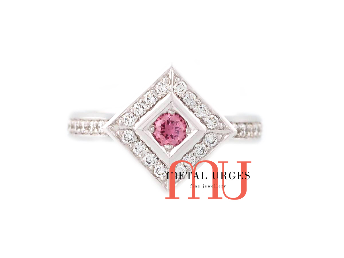 Rare Australian Argyle pink diamond ring with white diamonds, set in platinum. Custom made in Australia.