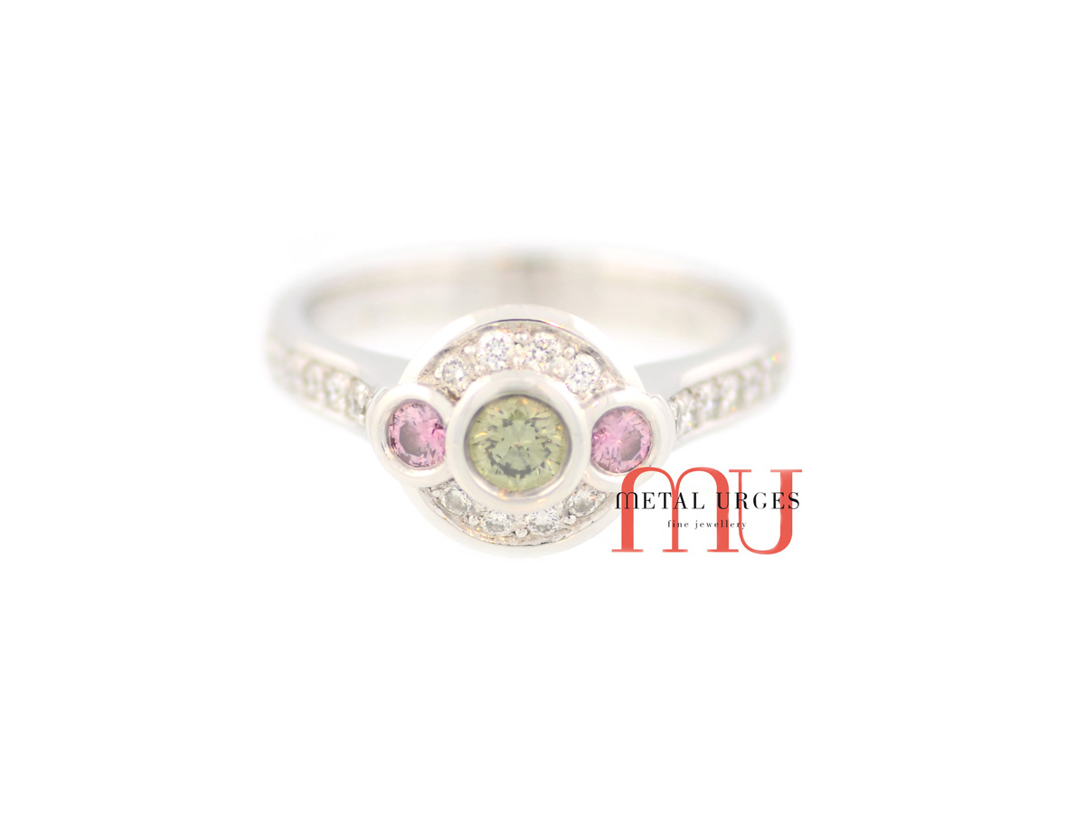 Green and Australian Argyle pink diamond engagement ring in platinum. Custom made in Australia.