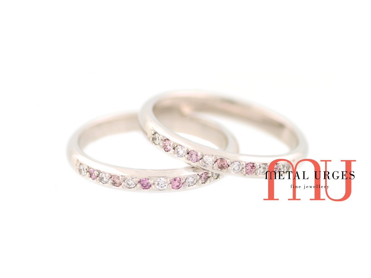 Pink Australian Argyle and white diamond 18ct white gold twin wedding rings. Custom made in Australia.