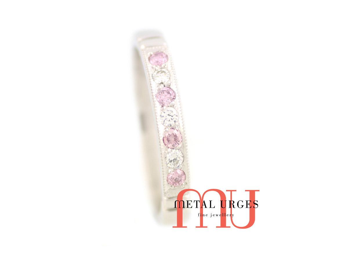 Pink Australian Argyle and white diamond 18ct white gold wedding ring. Custom made in Australia.