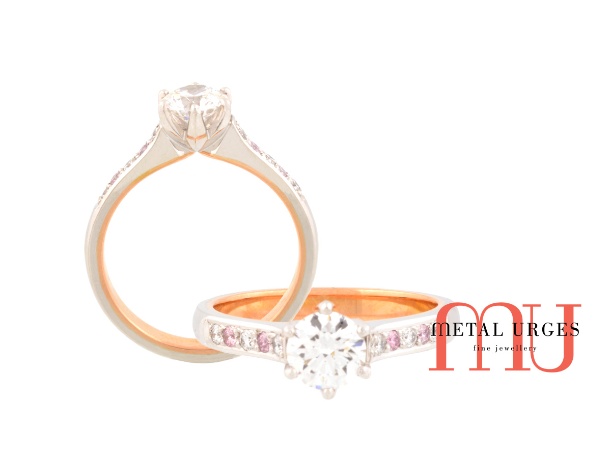 Argyle pink diamond engagement ring 18ct white and rose gold. Made in Hobart, Tasmania by the skilled Jewellers of Metal Urges Fine Jewellery