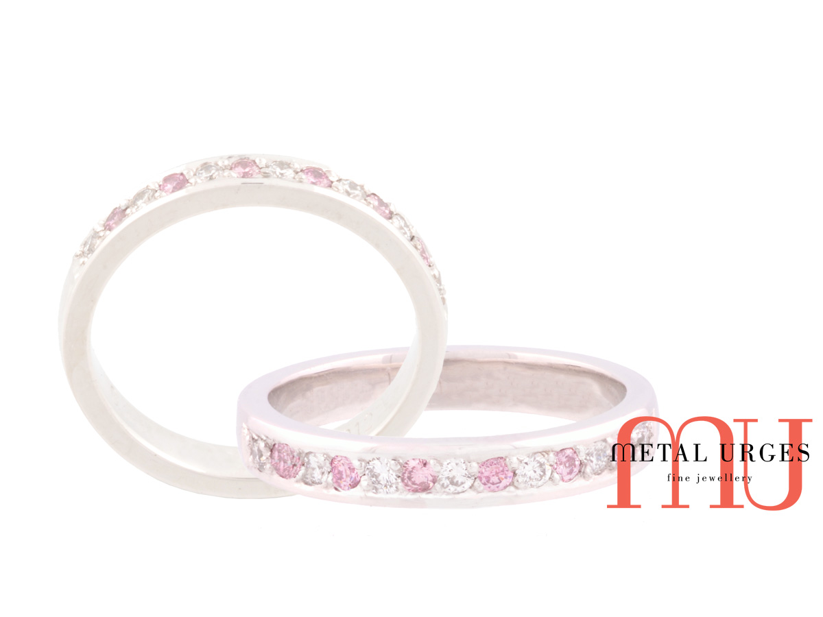 Rare pink diamond wedding ring in 18ct white gold. Custom made in Australia.