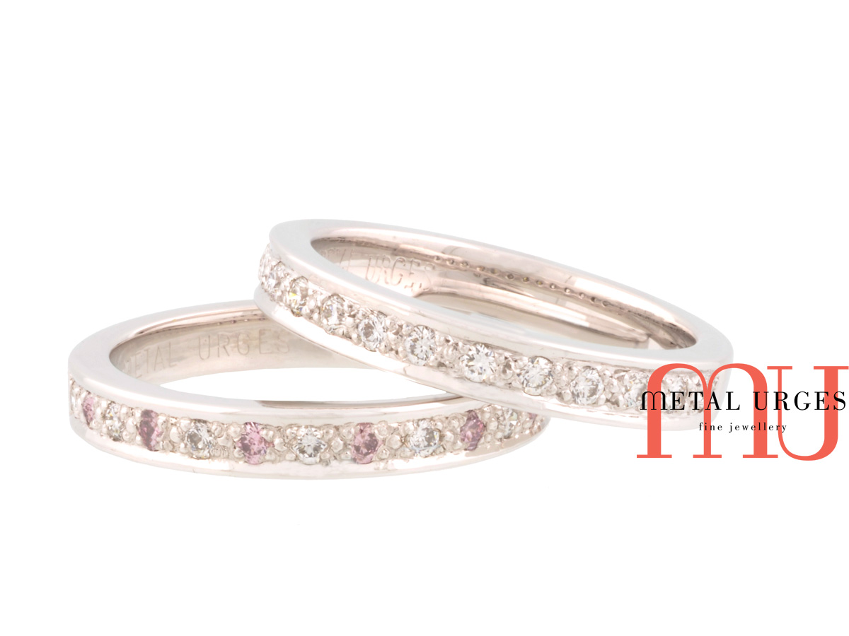 Pink Australian Argyle and white diamond platinum wedding rings.Custom made in Australia.