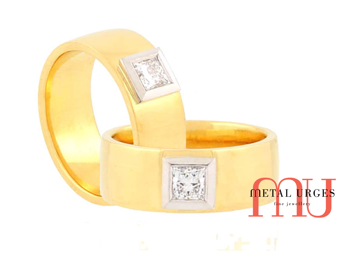 Princess cut white diamond and gold engagement ring. Custom made in Australia.