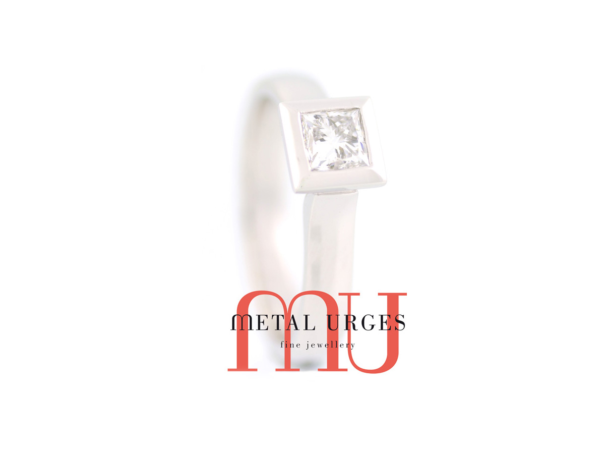 Princess cut white diamond engagement ring in 18ct white gold.  Custom made in Hobart.