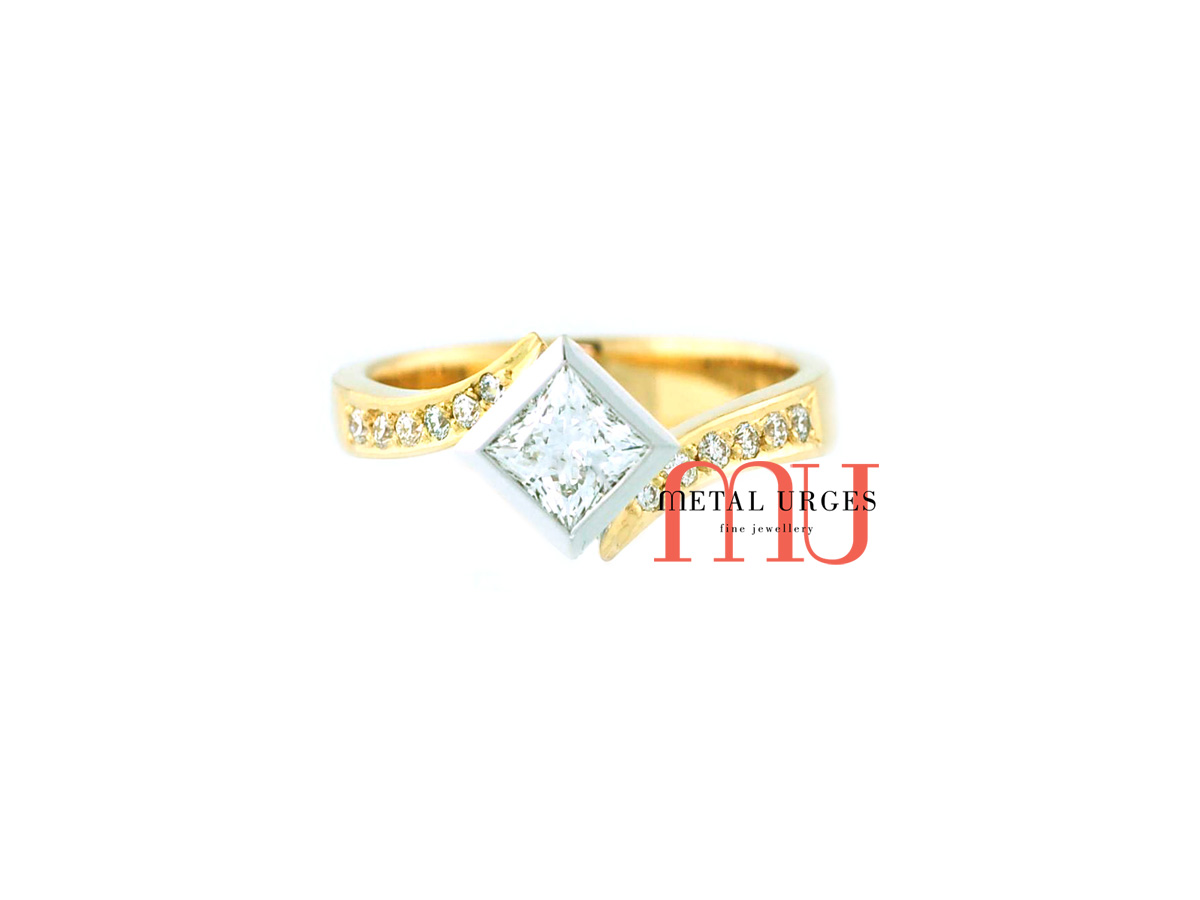 Princess cut white diamond engagement ring in 18ct white and yellow gold. Custom made in Hobart.