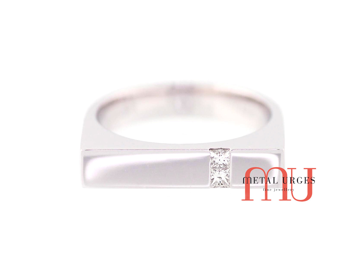 Princess cut white diamond engagement ring with a square head in 18ct white gold ring. Custom made in Australia.