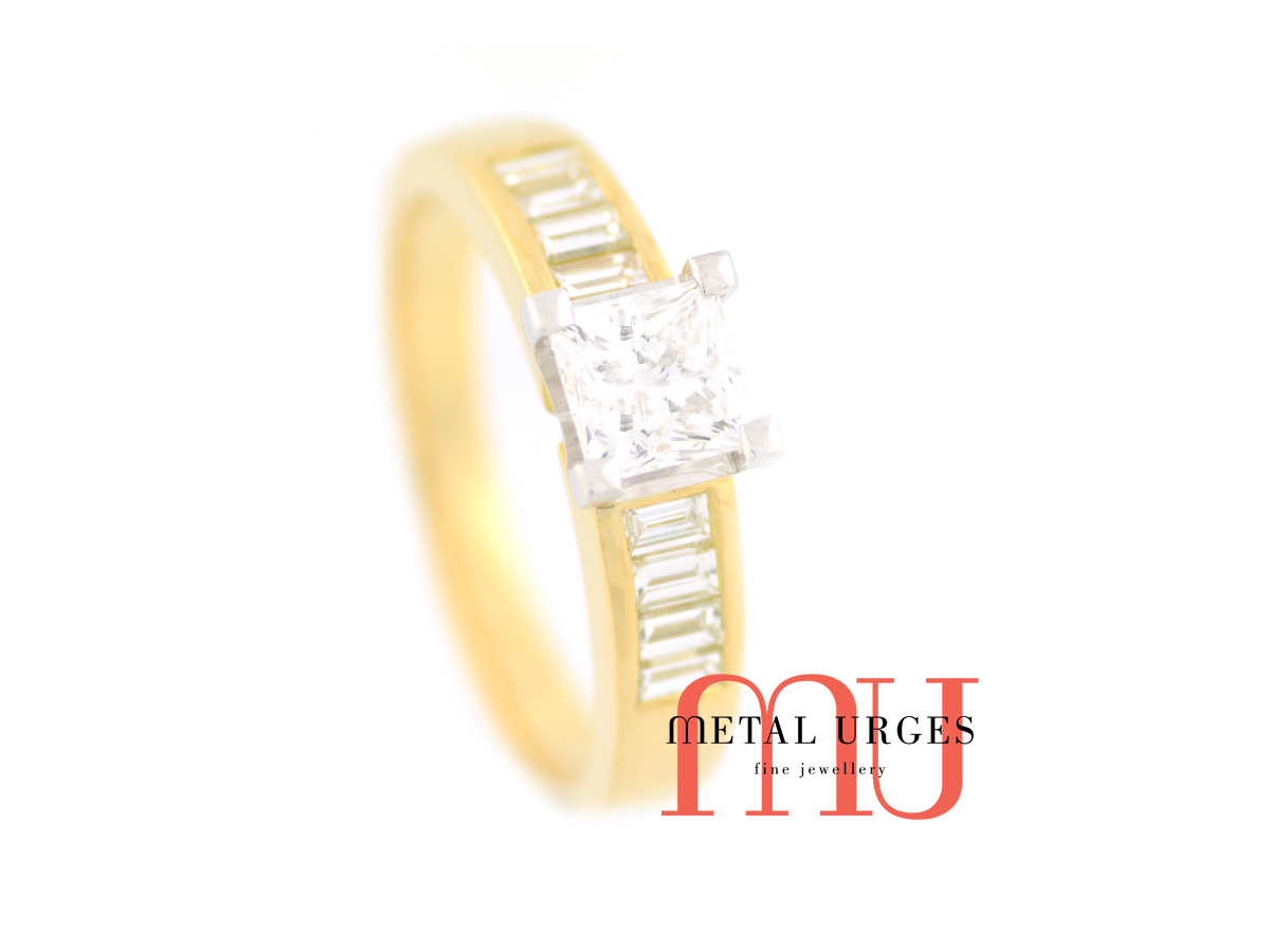1ct white diamond engagement ring in 18ct yellow gold and platinum. Featuring princess cut and baguette white diamonds. Custom made in Australia.