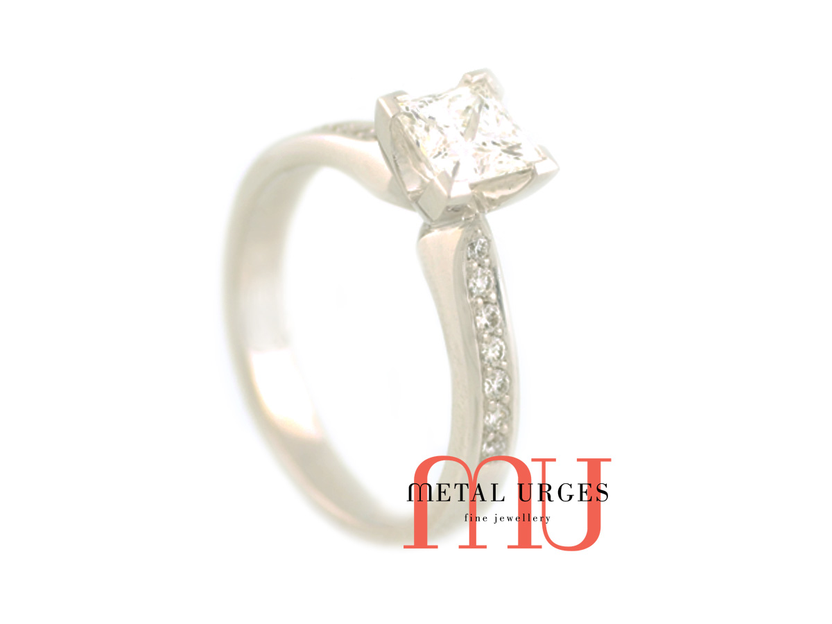 Square princess cut white diamond engagement ring in 18ct white gold.  Custom made in Hobart.