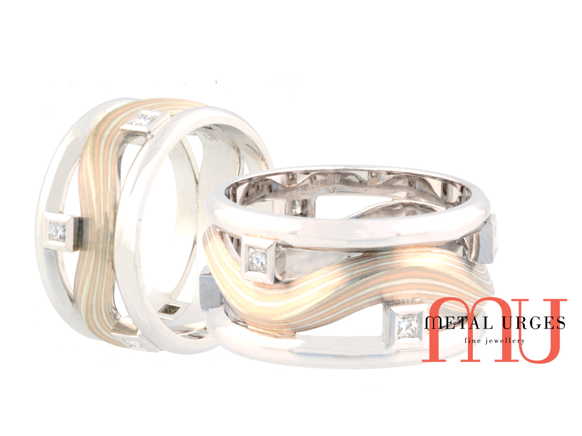 Princess cut white diamond and mokume gane ring in 18ct white and rose gold. Custom made in Australia.