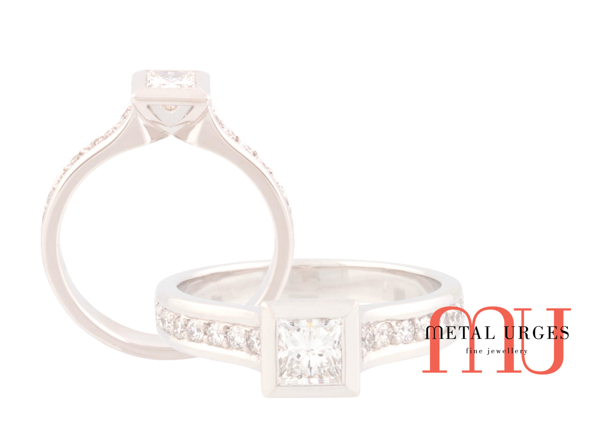GIA certified princess cut white diamond platinum engagement ring.  Hand made in Hobart.