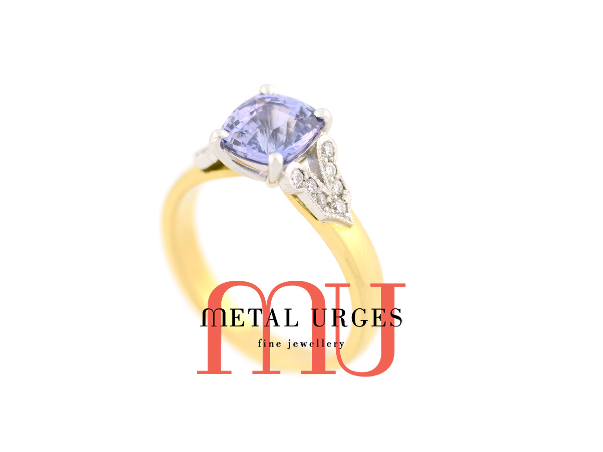 Antique lavender sapphire and white diamond engagement ring in 18ct white and yellow gold. Custom made in Australia.