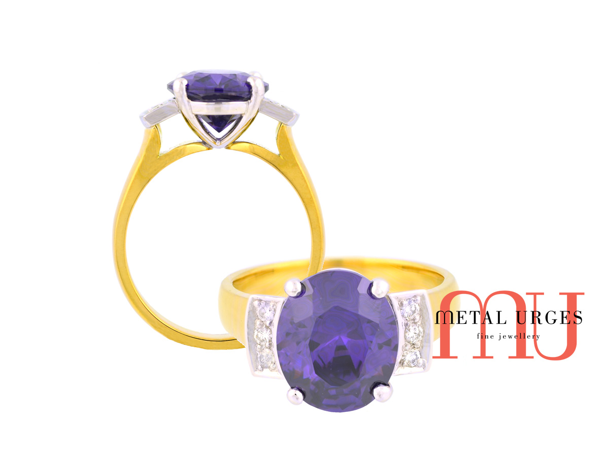 Purple sapphire and white diamond 18ct gold ring. Custom made in Australia.