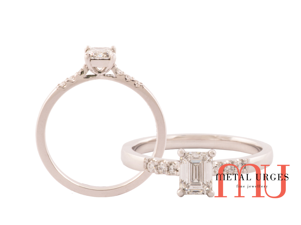 Vintage style radiant cut white diamond engagement ring