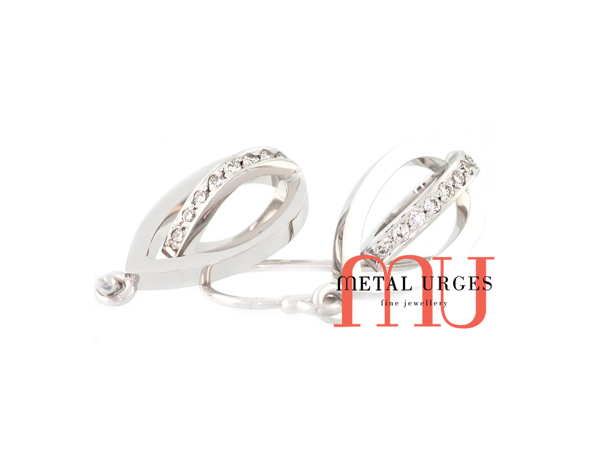 White diamond set Orbit teardrop earrings in platinum. Custom made in Australia.