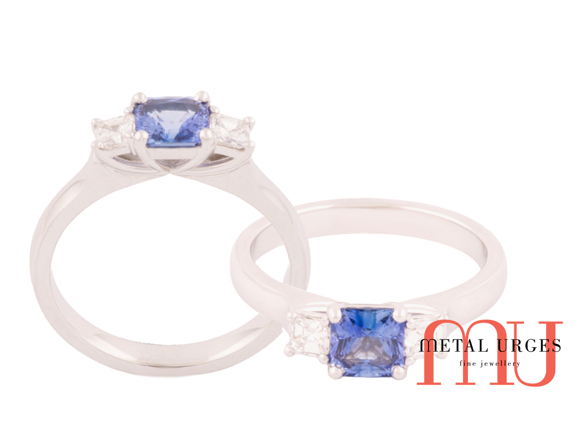 Natural Blue princess cut sapphire, side princess cut white diamonds Jewellers Hobart, Melbourne